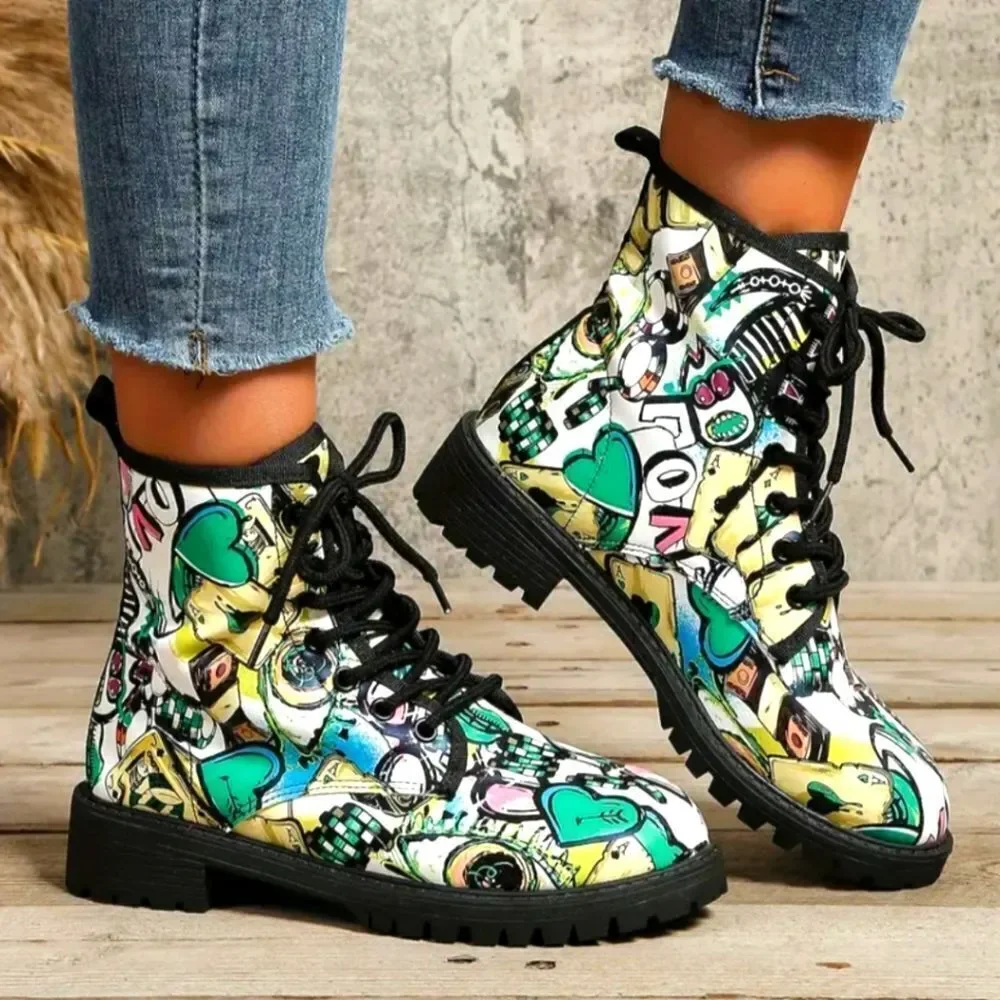Ladie's Printed  Lace-up Boots Size 10